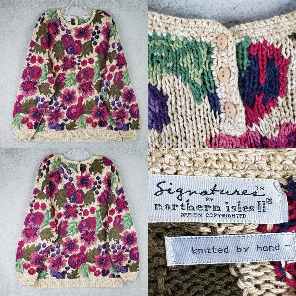 Signature by Northern Isles Vintage Floral Hand Knit Sweater Plus Size 1X